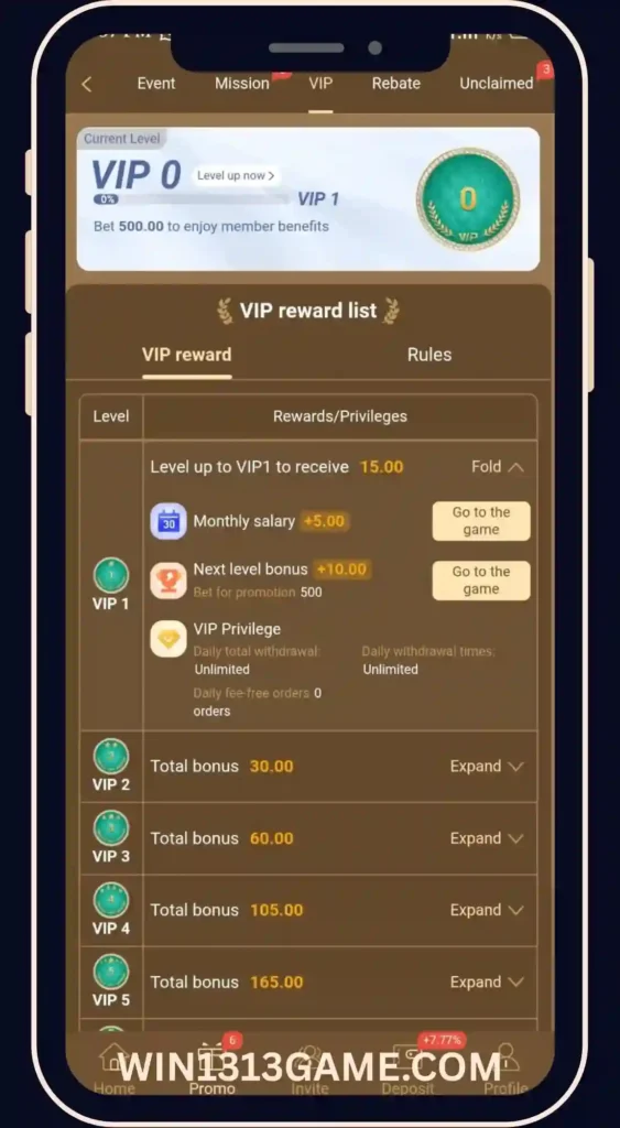 WIN1313 Game Vip rewards list