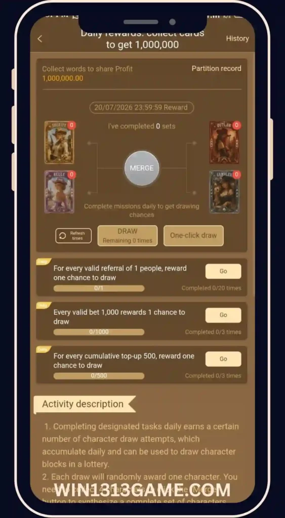 WIN1313 Game daily rewards Collect cards to get upto 1,000,000