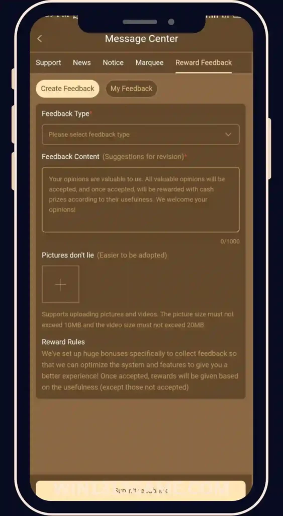 WIN1313 Game forward Feedback option